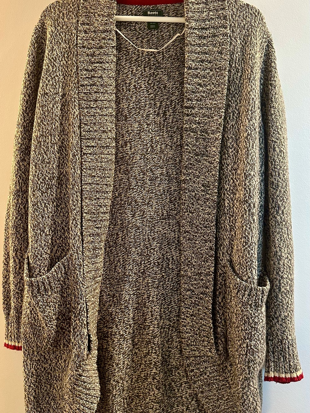 Roots Marled Open-Front Cardigan in Grey with Red Trim
